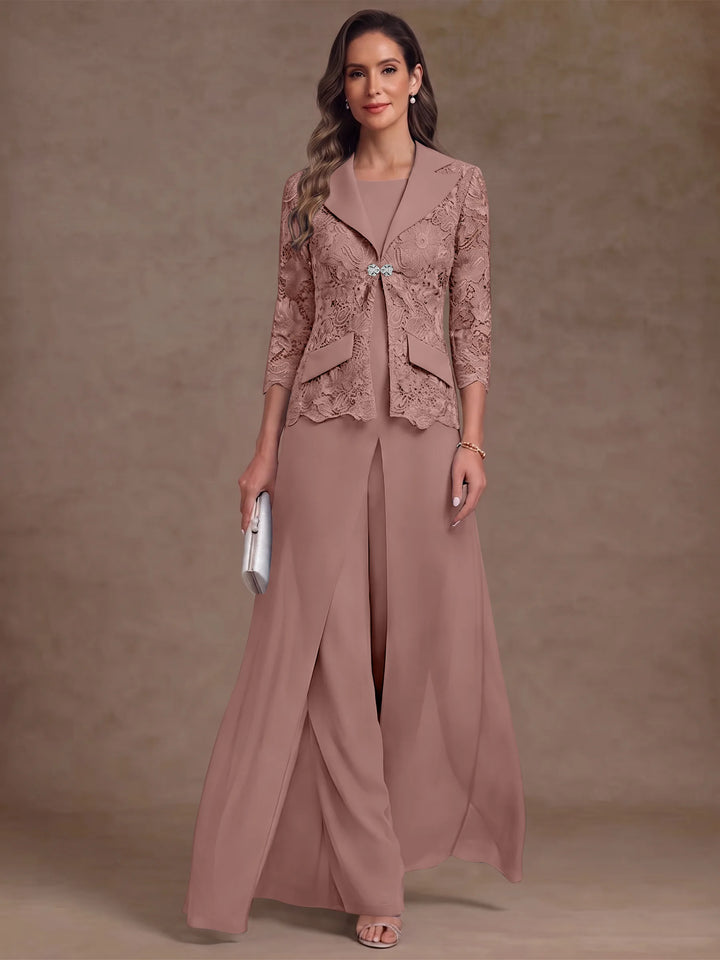 3 Pieces Suit Scoop Chiffon Mother of the Bride Pantsuits with Jacket Overskirt Lace Ankle-Length 3/4 Sleeves