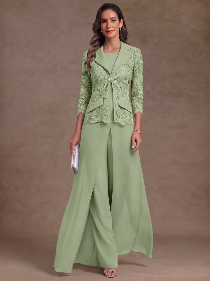 3 Pieces Suit Scoop Chiffon Mother of the Bride Pantsuits with Jacket Overskirt Lace Ankle-Length 3/4 Sleeves