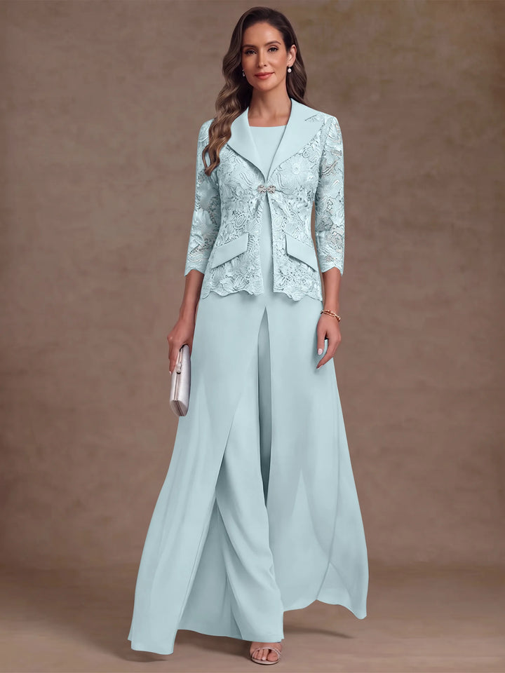 3 Pieces Suit Scoop Chiffon Mother of the Bride Pantsuits with Jacket Overskirt Lace Ankle-Length 3/4 Sleeves