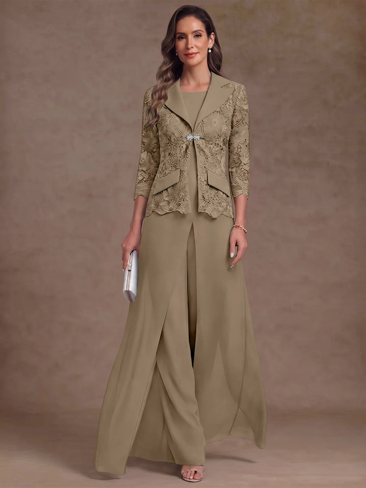 3 Pieces Suit Scoop Chiffon Mother of the Bride Pantsuits with Jacket Overskirt Lace Ankle-Length 3/4 Sleeves