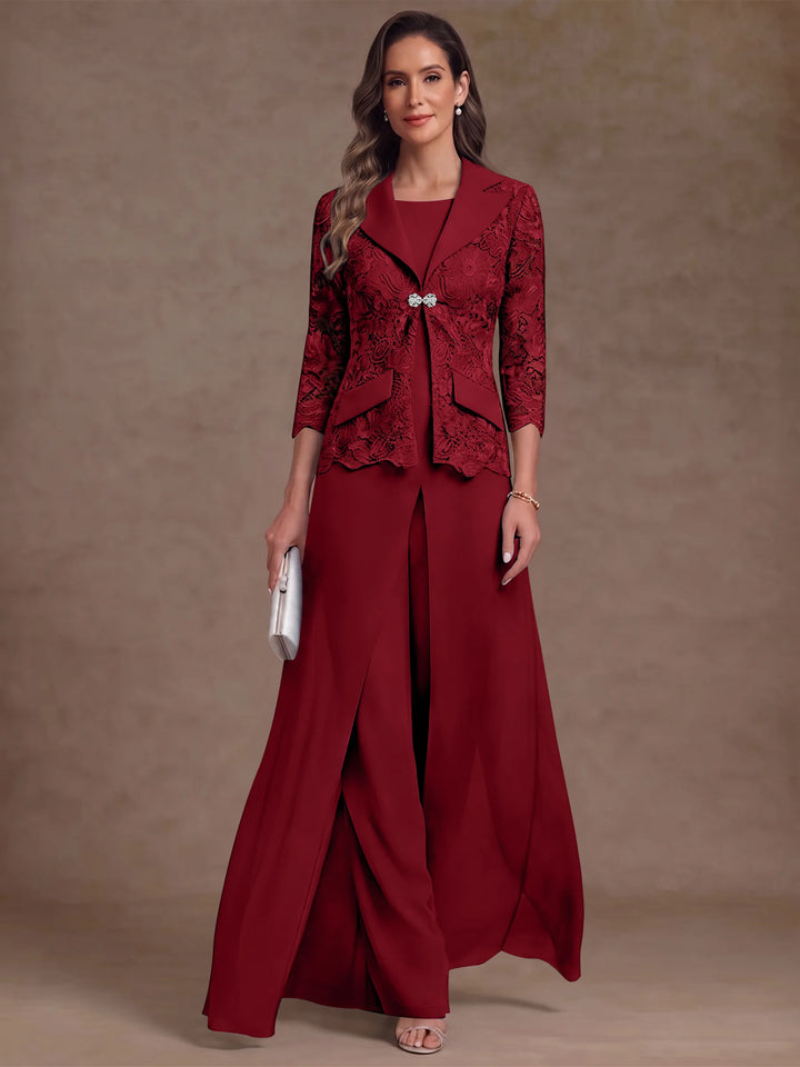 3 Pieces Suit Scoop Chiffon Mother of the Bride Pantsuits with Jacket Overskirt Lace Ankle-Length 3/4 Sleeves