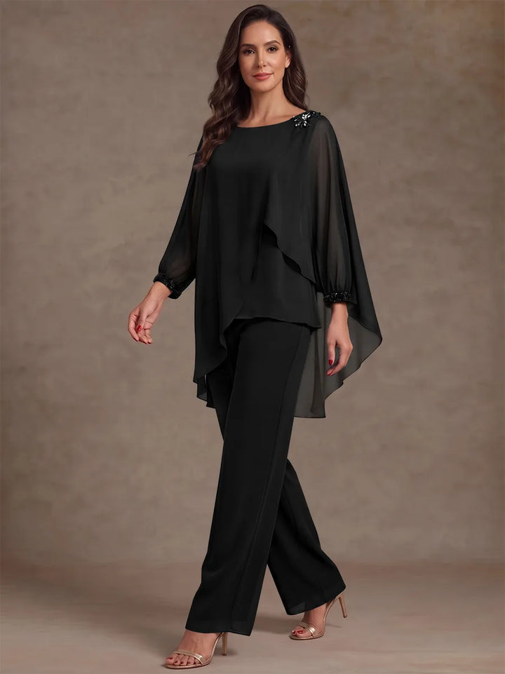 2 Pieces Suit Scoop Chiffon Mother of the Bride Pantsuits Ankle-Length Long Sleeves Ruffles