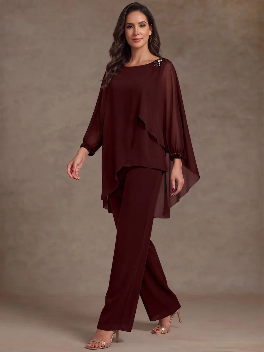 2 Pieces Suit Scoop Chiffon Mother of the Bride Pantsuits Ankle-Length Long Sleeves Ruffles