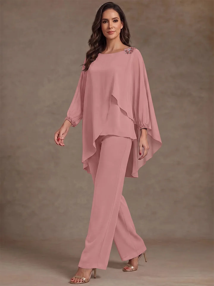 2 Pieces Suit Scoop Chiffon Mother of the Bride Pantsuits Ankle-Length Long Sleeves Ruffles