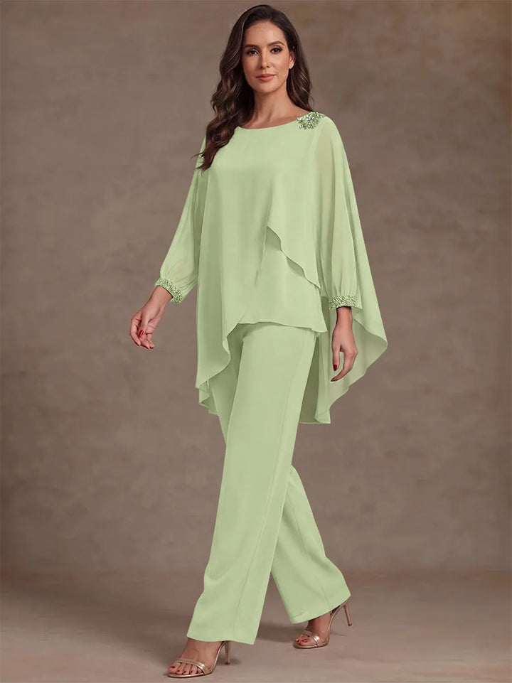 2 Pieces Suit Scoop Chiffon Mother of the Bride Pantsuits Ankle-Length Long Sleeves Ruffles