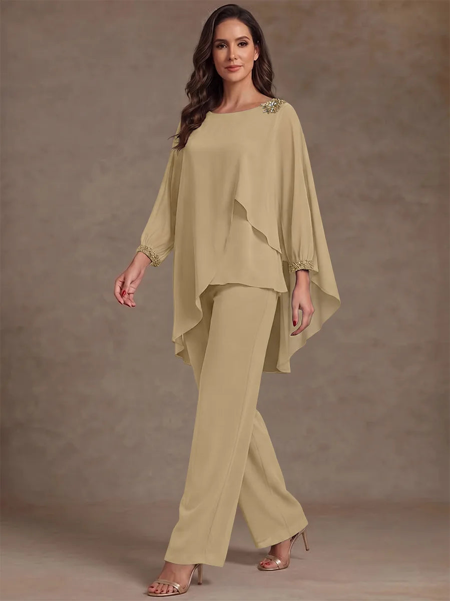 2 Pieces Suit Scoop Chiffon Mother of the Bride Pantsuits Ankle-Length Long Sleeves Ruffles