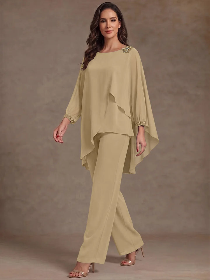 2 Pieces Suit Scoop Chiffon Mother of the Bride Pantsuits Ankle-Length Long Sleeves Ruffles