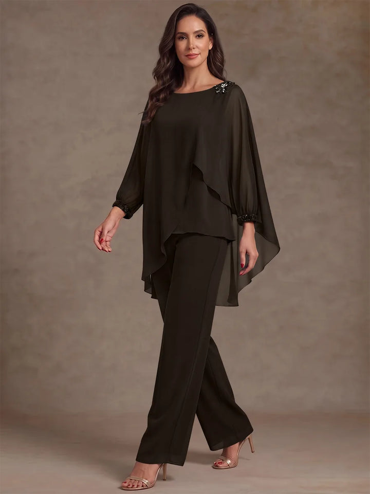 2 Pieces Suit Scoop Chiffon Mother of the Bride Pantsuits Ankle-Length Long Sleeves Ruffles