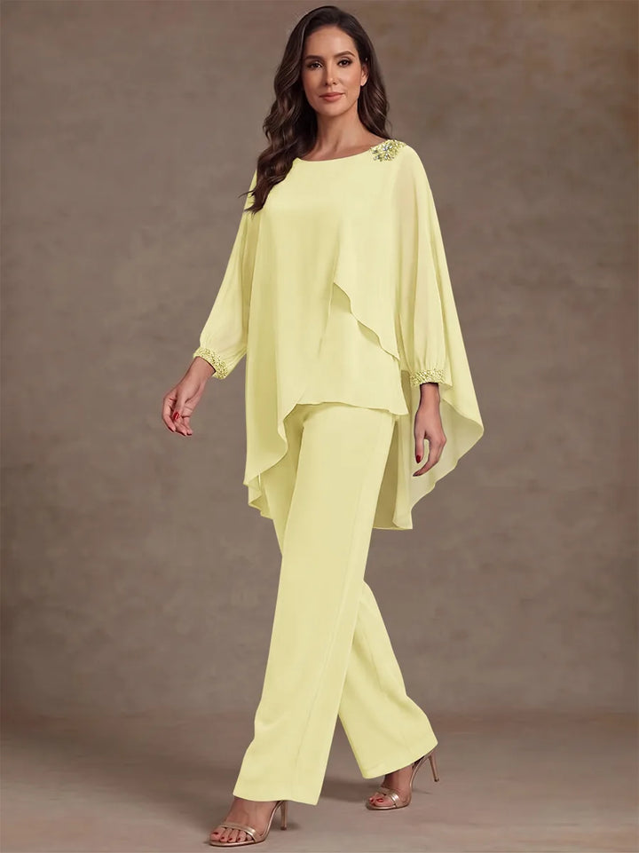 2 Pieces Suit Scoop Chiffon Mother of the Bride Pantsuits Ankle-Length Long Sleeves Ruffles