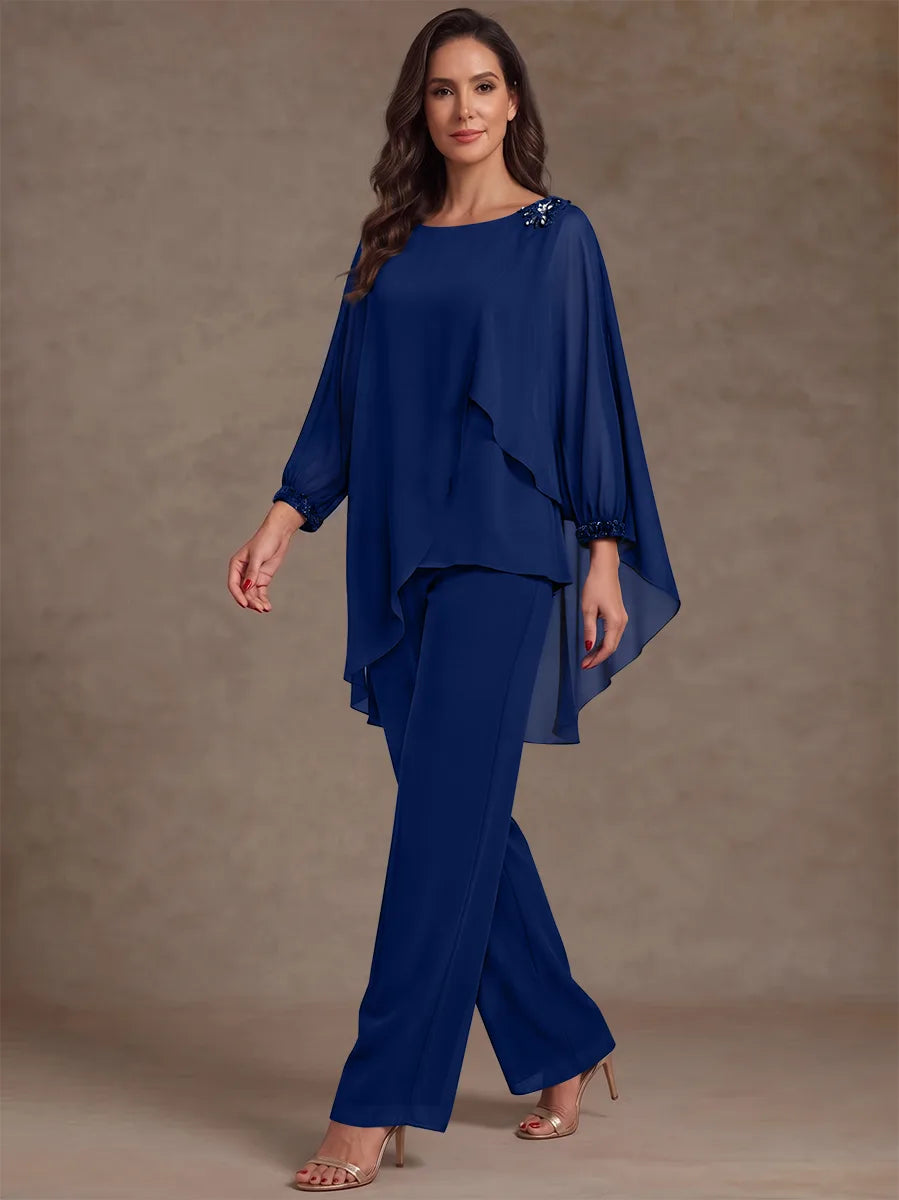 2 Pieces Suit Scoop Chiffon Mother of the Bride Pantsuits Ankle-Length Long Sleeves Ruffles