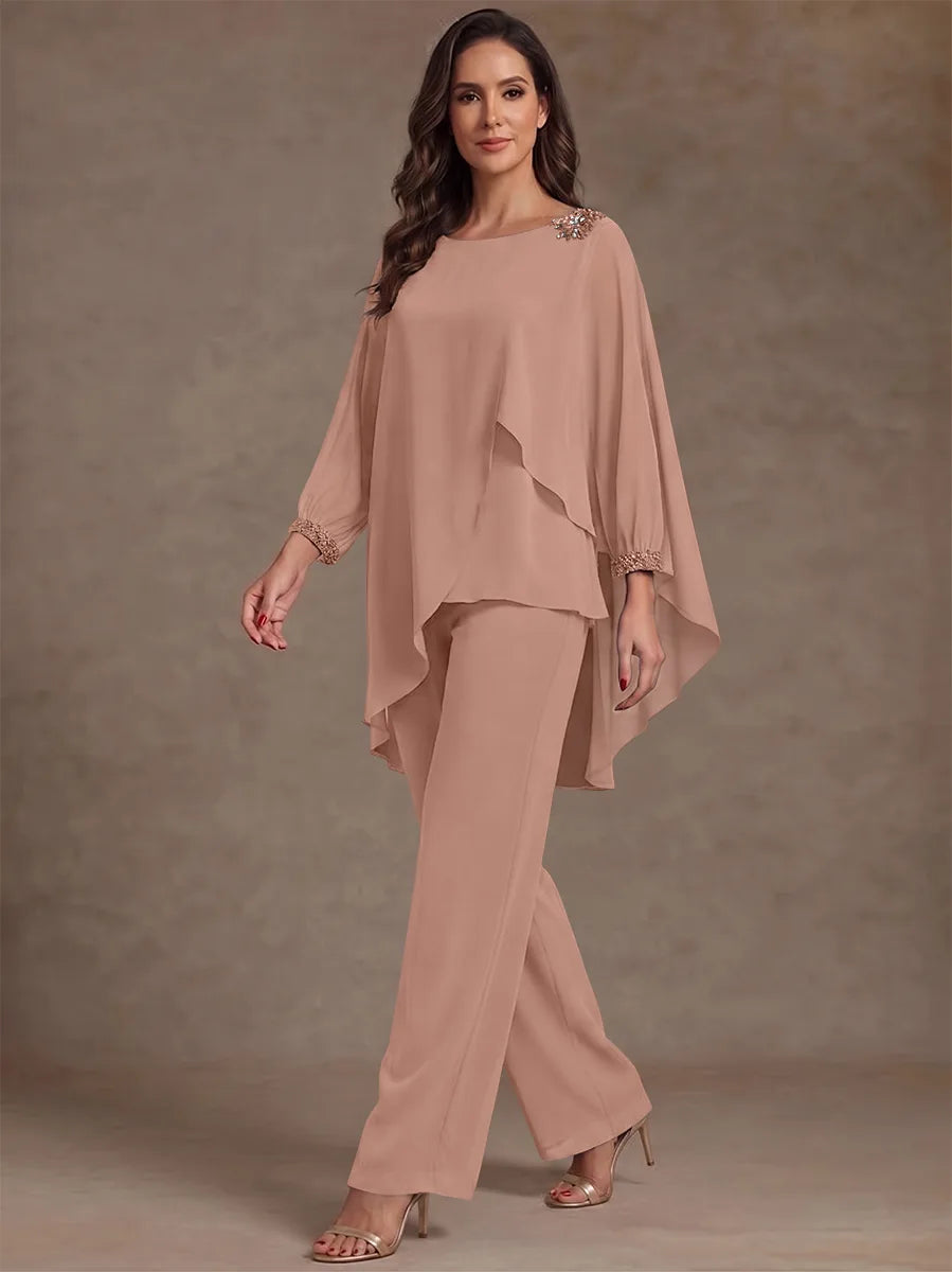 2 Pieces Suit Scoop Chiffon Mother of the Bride Pantsuits Ankle-Length Long Sleeves Ruffles