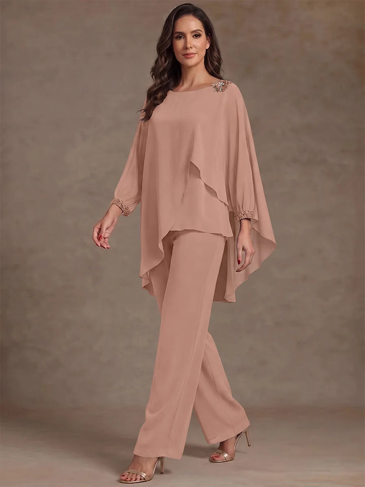 2 Pieces Suit Scoop Chiffon Mother of the Bride Pantsuits Ankle-Length Long Sleeves Ruffles