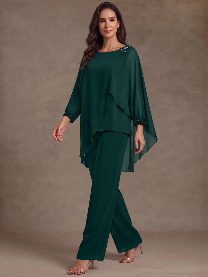 2 Pieces Suit Scoop Chiffon Mother of the Bride Pantsuits Ankle-Length Long Sleeves Ruffles