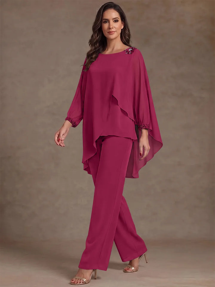2 Pieces Suit Scoop Chiffon Mother of the Bride Pantsuits Ankle-Length Long Sleeves Ruffles