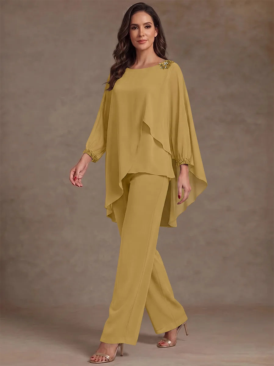2 Pieces Suit Scoop Chiffon Mother of the Bride Pantsuits Ankle-Length Long Sleeves Ruffles