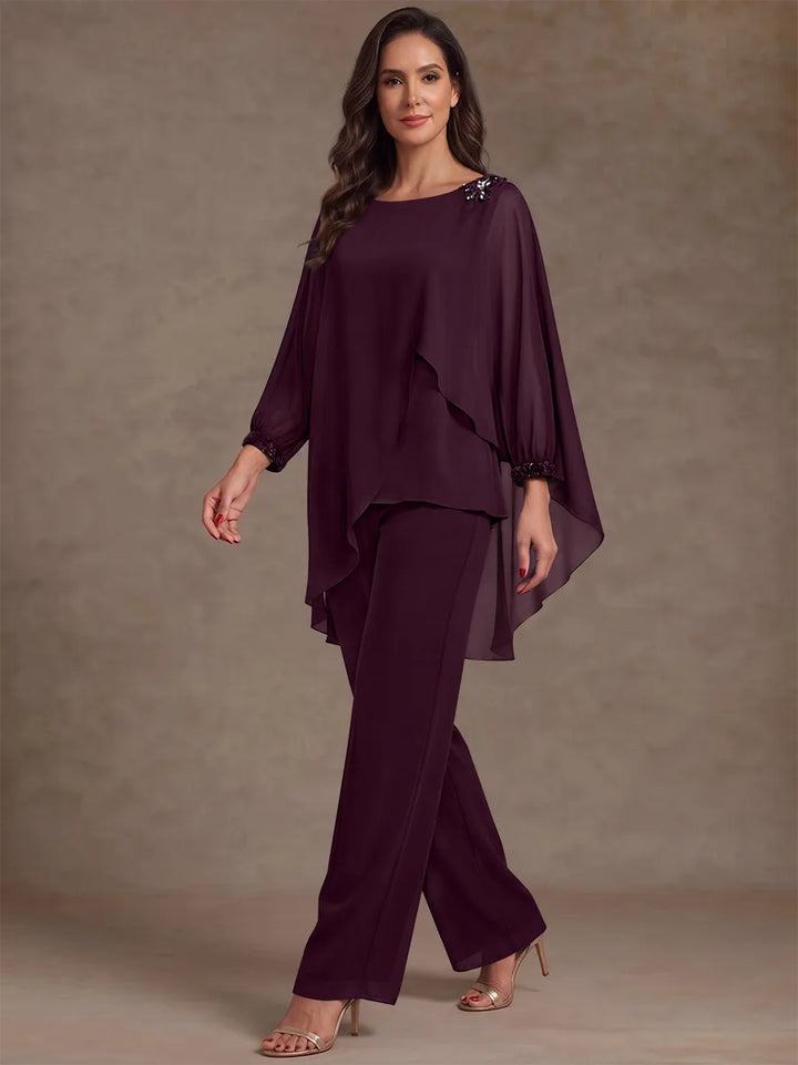 2 Pieces Suit Scoop Chiffon Mother of the Bride Pantsuits Ankle-Length Long Sleeves Ruffles