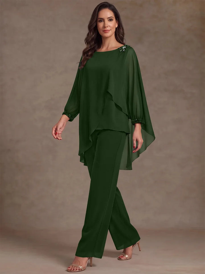 2 Pieces Suit Scoop Chiffon Mother of the Bride Pantsuits Ankle-Length Long Sleeves Ruffles