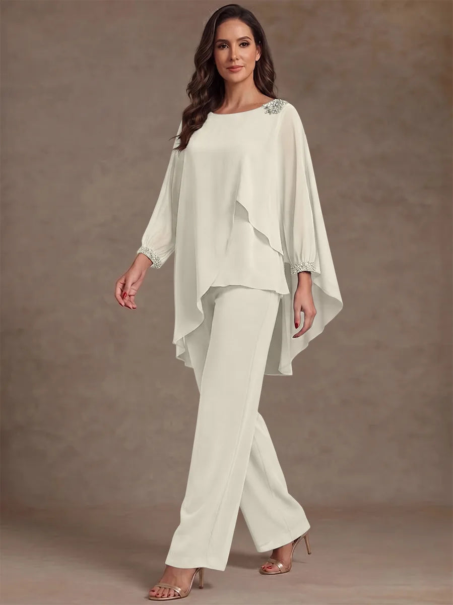 2 Pieces Suit Scoop Chiffon Mother of the Bride Pantsuits Ankle-Length Long Sleeves Ruffles