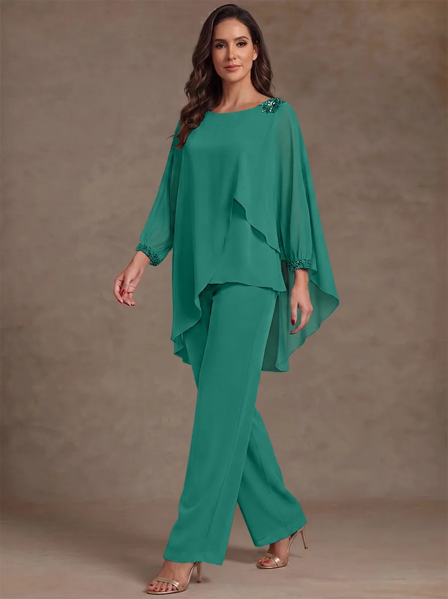 2 Pieces Suit Scoop Chiffon Mother of the Bride Pantsuits Ankle-Length Long Sleeves Ruffles
