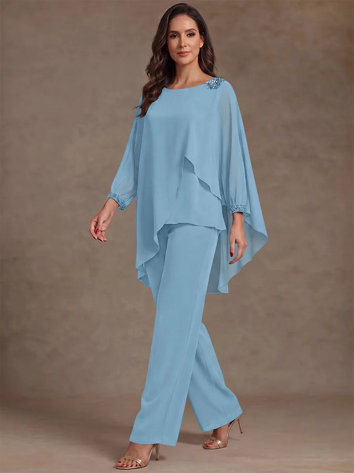 2 Pieces Suit Scoop Chiffon Mother of the Bride Pantsuits Ankle-Length Long Sleeves Ruffles