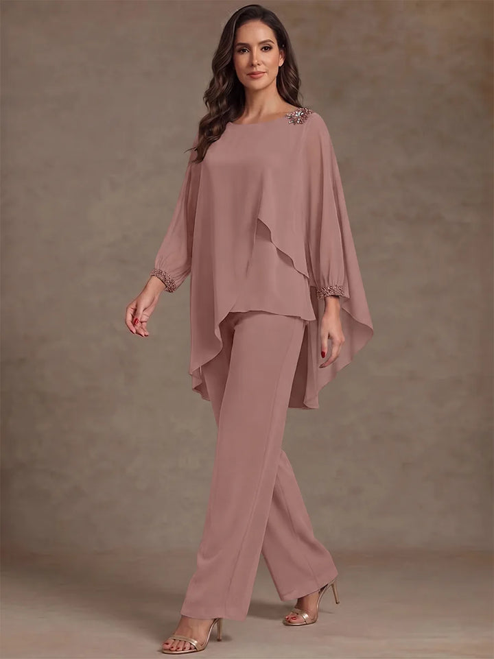 2 Pieces Suit Scoop Chiffon Mother of the Bride Pantsuits Ankle-Length Long Sleeves Ruffles