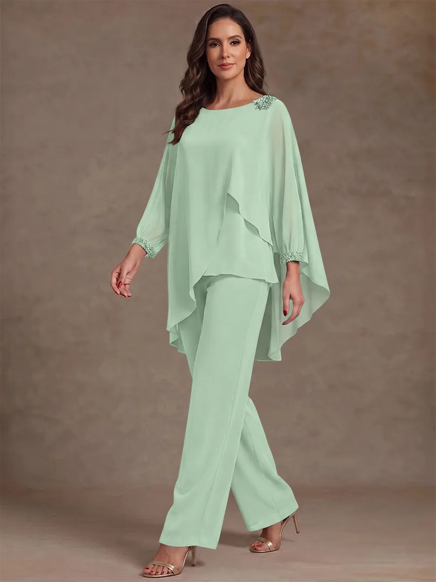 2 Pieces Suit Scoop Chiffon Mother of the Bride Pantsuits Ankle-Length Long Sleeves Ruffles