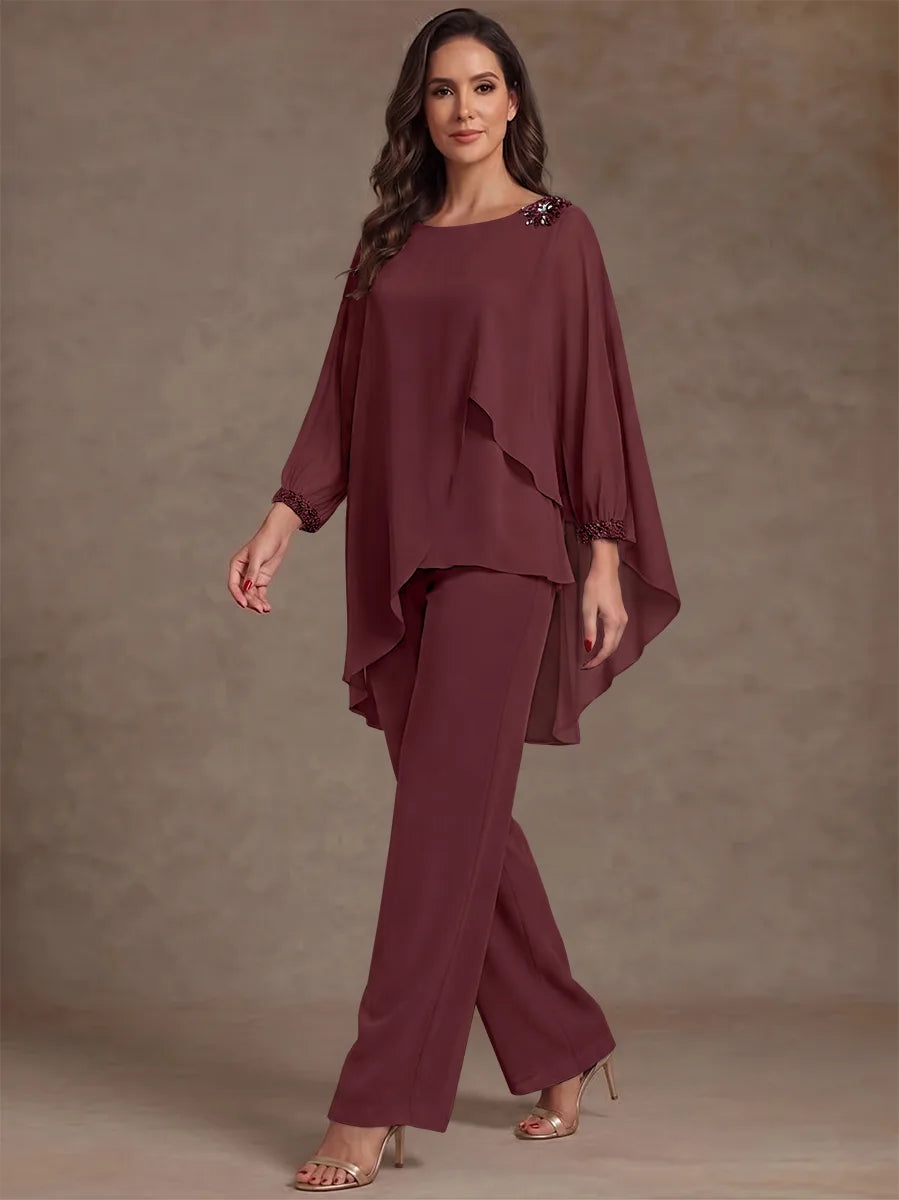 2 Pieces Suit Scoop Chiffon Mother of the Bride Pantsuits Ankle-Length Long Sleeves Ruffles