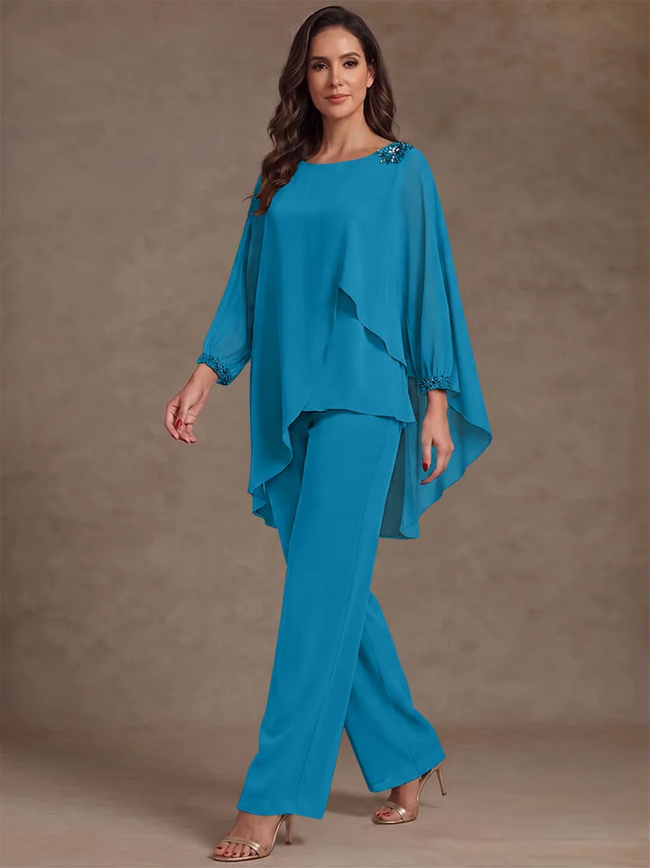 2 Pieces Suit Scoop Chiffon Mother of the Bride Pantsuits Ankle-Length Long Sleeves Ruffles