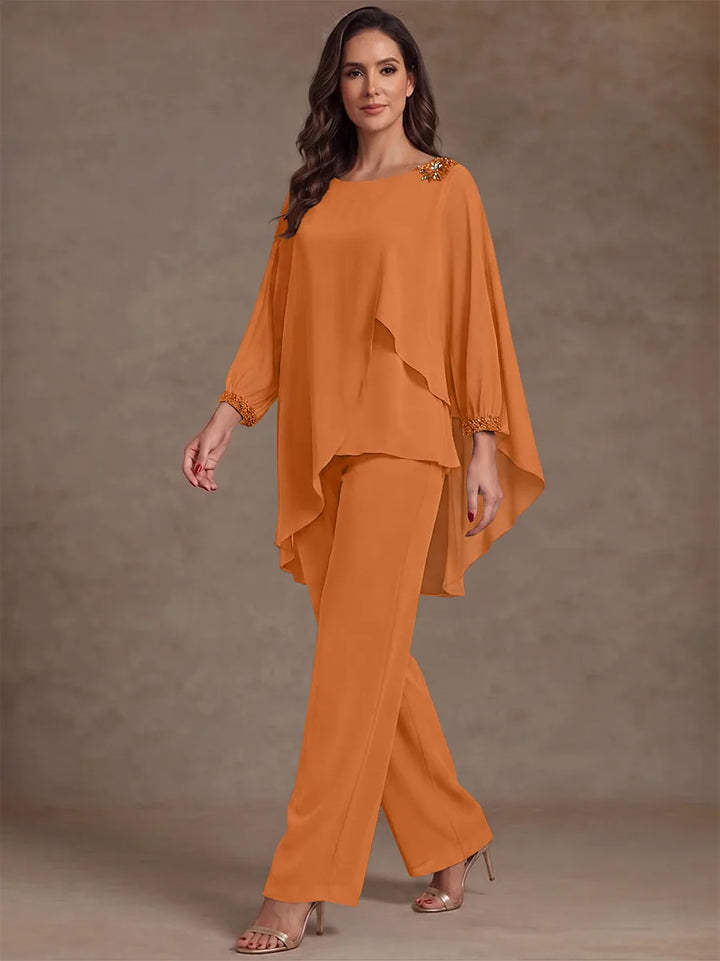 2 Pieces Suit Scoop Chiffon Mother of the Bride Pantsuits Ankle-Length Long Sleeves Ruffles