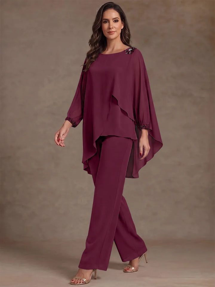 2 Pieces Suit Scoop Chiffon Mother of the Bride Pantsuits Ankle-Length Long Sleeves Ruffles