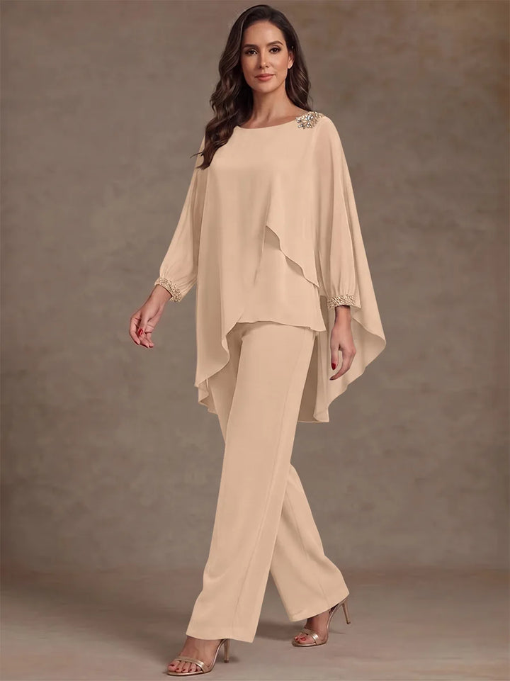 2 Pieces Suit Scoop Chiffon Mother of the Bride Pantsuits Ankle-Length Long Sleeves Ruffles