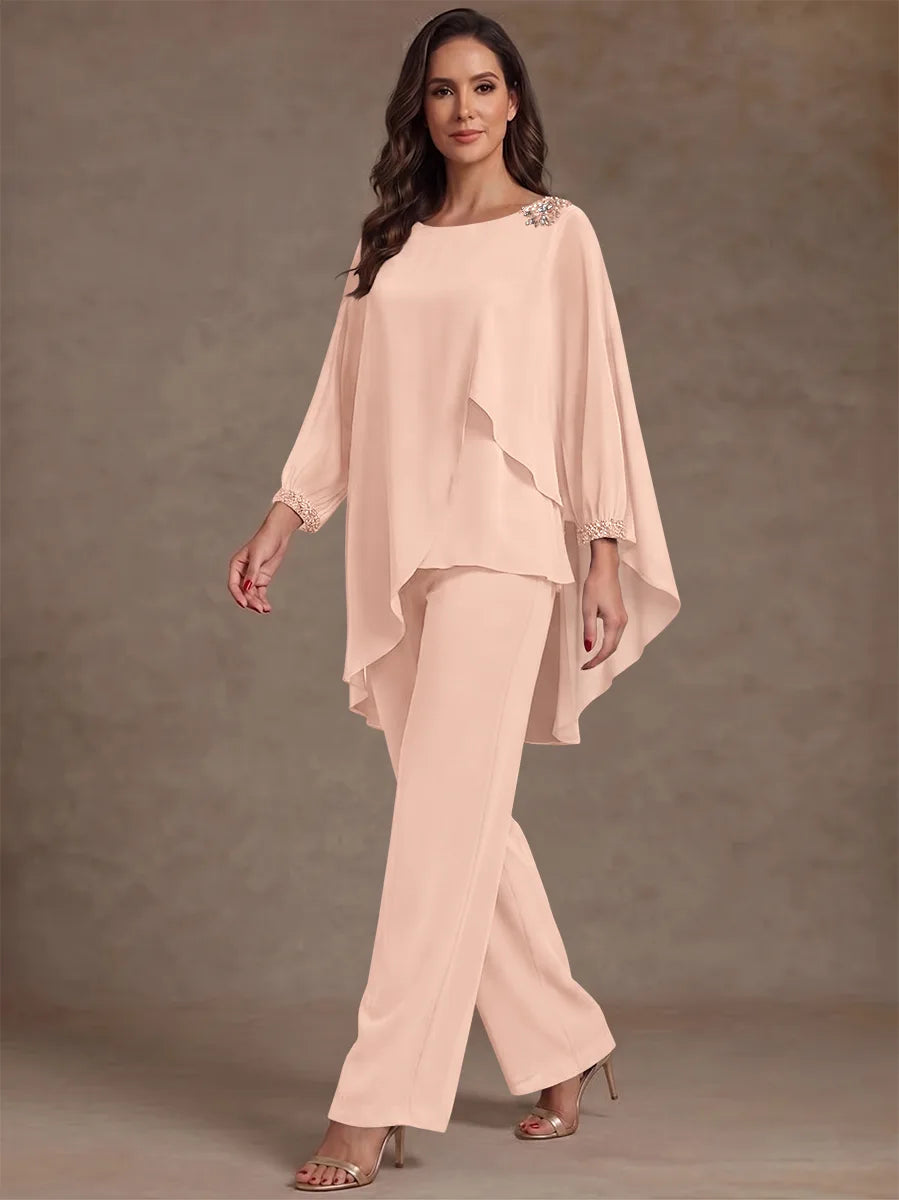 2 Pieces Suit Scoop Chiffon Mother of the Bride Pantsuits Ankle-Length Long Sleeves Ruffles