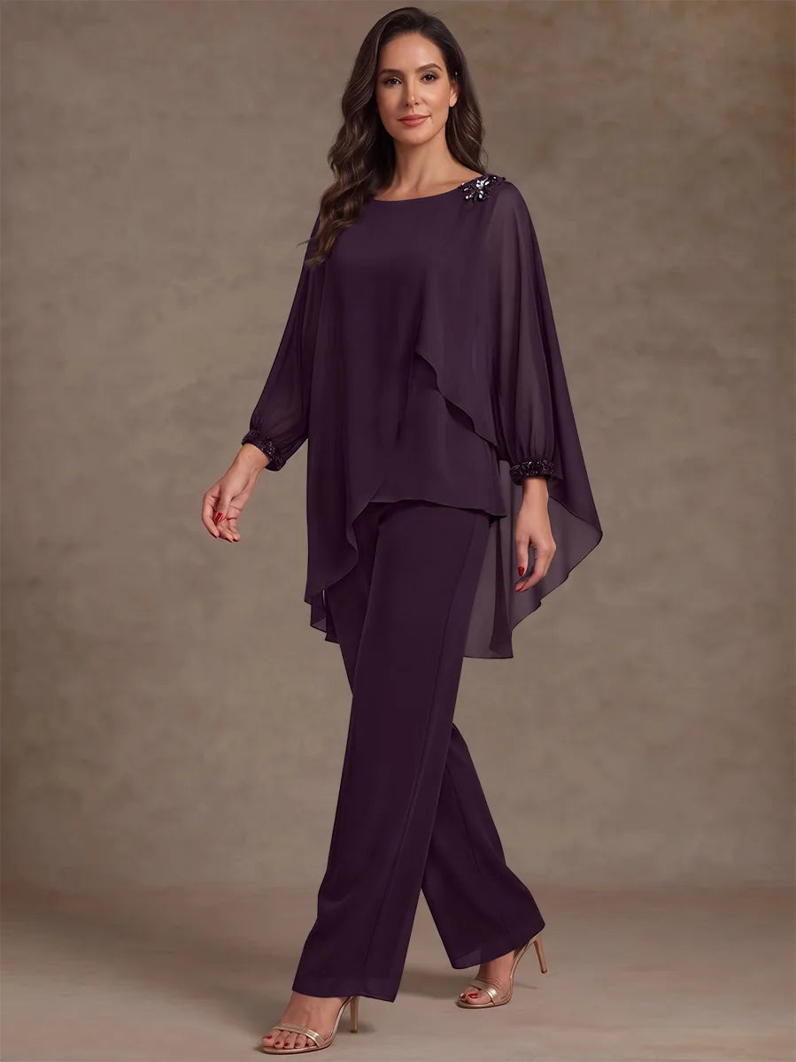 2 Pieces Suit Scoop Chiffon Mother of the Bride Pantsuits Ankle-Length Long Sleeves Ruffles