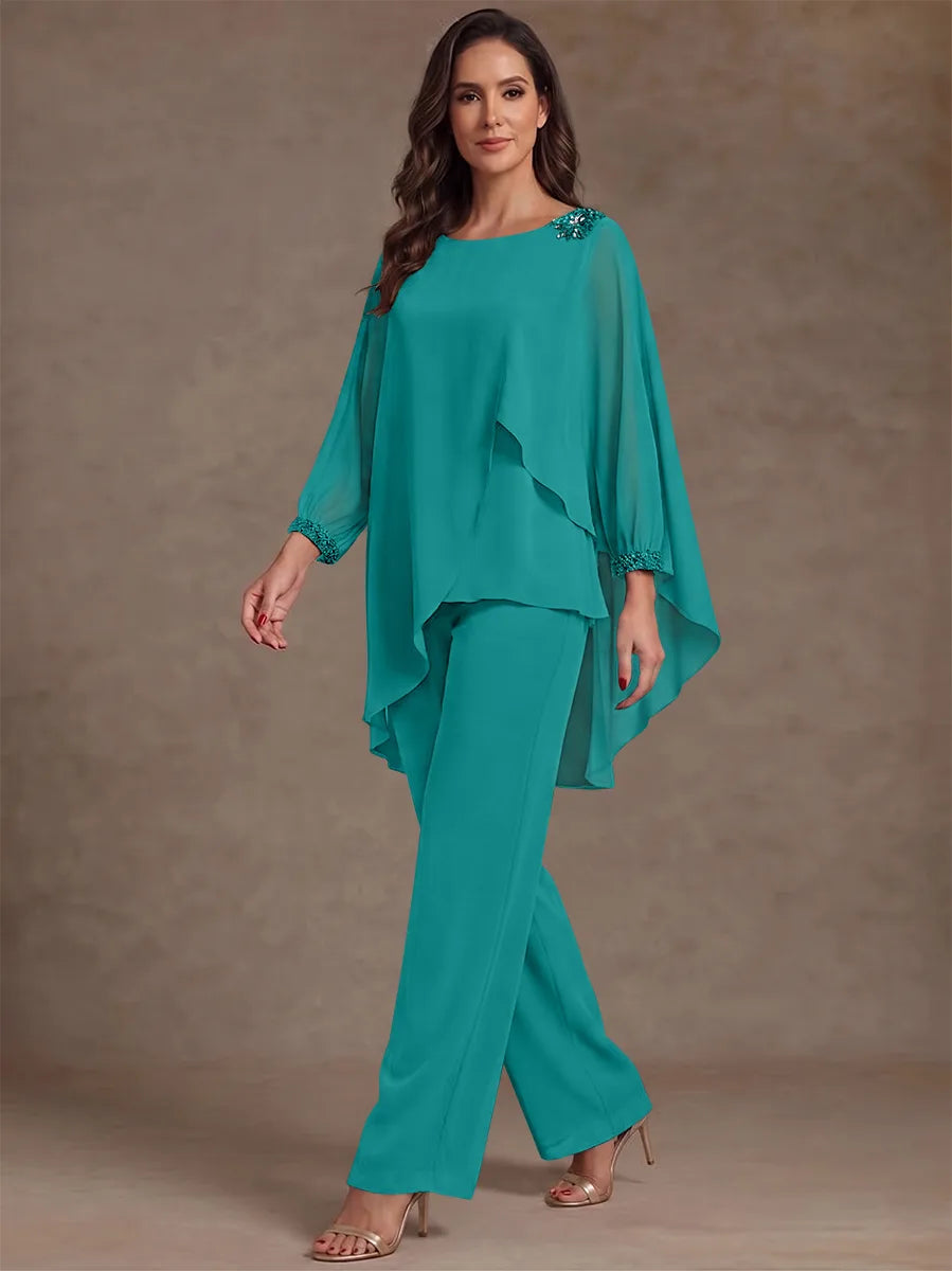 2 Pieces Suit Scoop Chiffon Mother of the Bride Pantsuits Ankle-Length Long Sleeves Ruffles