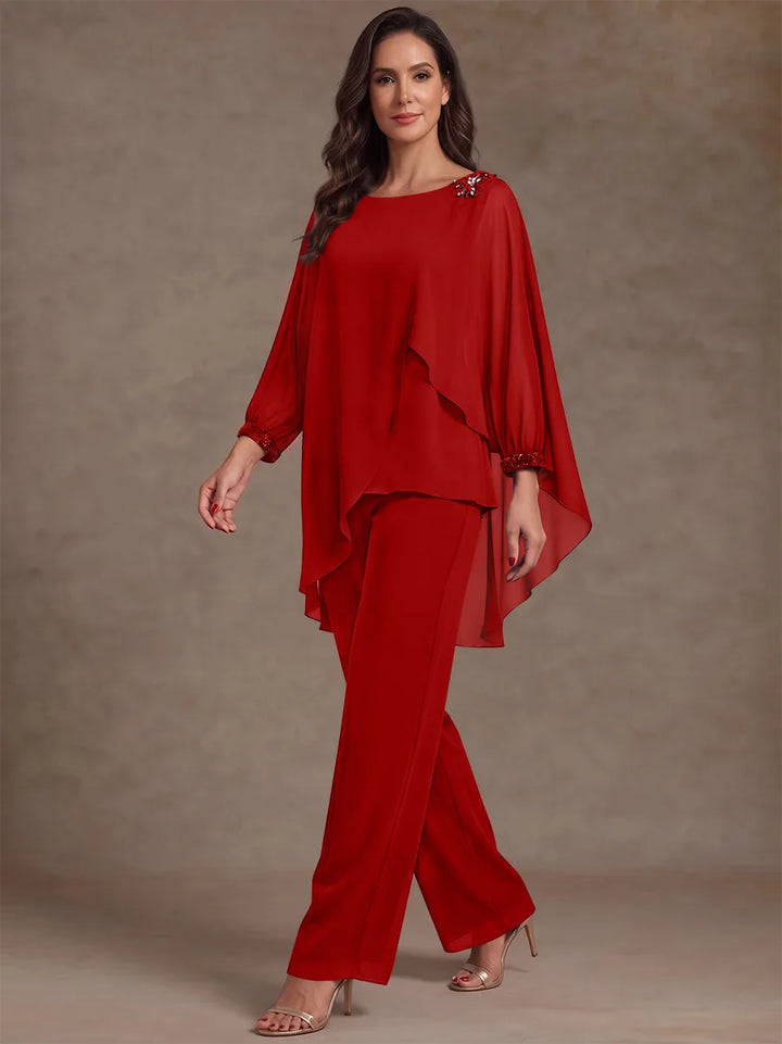 2 Pieces Suit Scoop Chiffon Mother of the Bride Pantsuits Ankle-Length Long Sleeves Ruffles