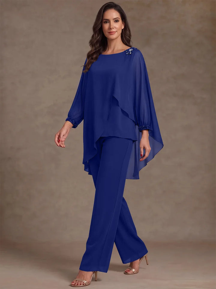 2 Pieces Suit Scoop Chiffon Mother of the Bride Pantsuits Ankle-Length Long Sleeves Ruffles