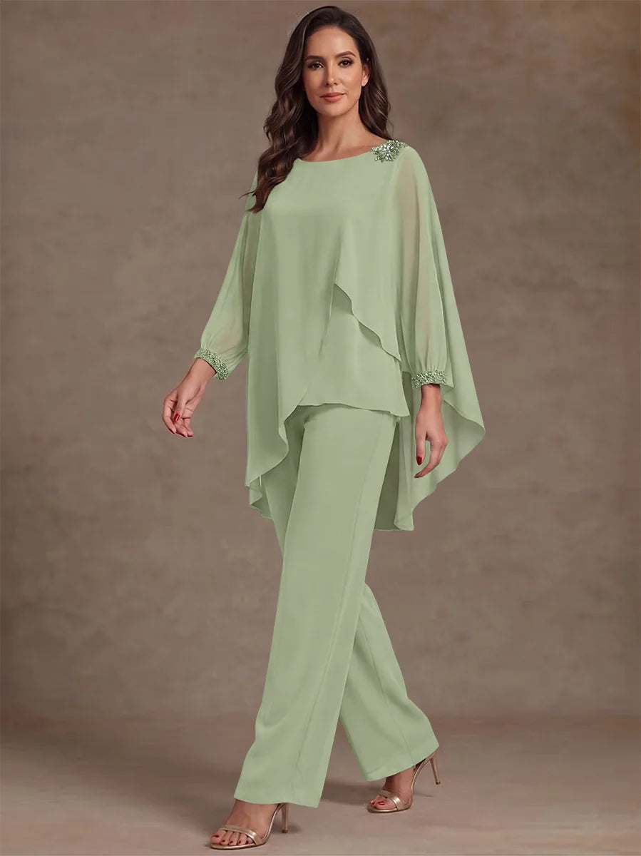 2 Pieces Suit Scoop Chiffon Mother of the Bride Pantsuits Ankle-Length Long Sleeves Ruffles