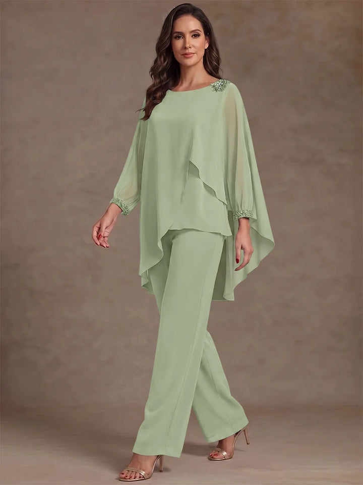 2 Pieces Suit Scoop Chiffon Mother of the Bride Pantsuits Ankle-Length Long Sleeves Ruffles