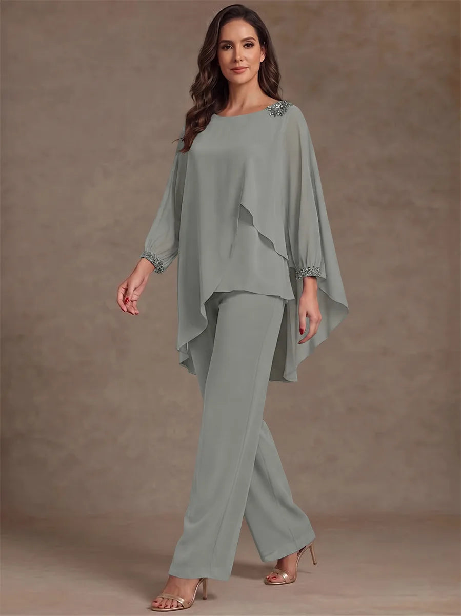 2 Pieces Suit Scoop Chiffon Mother of the Bride Pantsuits Ankle-Length Long Sleeves Ruffles