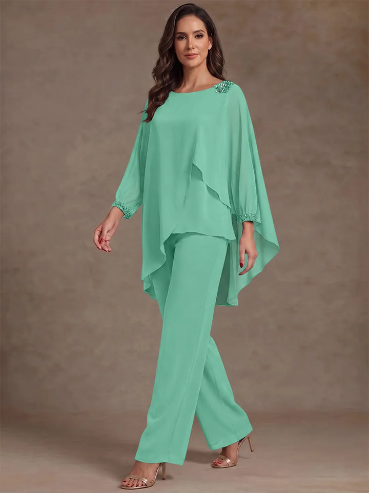 2 Pieces Suit Scoop Chiffon Mother of the Bride Pantsuits Ankle-Length Long Sleeves Ruffles