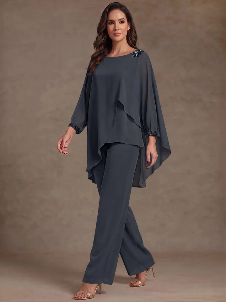2 Pieces Suit Scoop Chiffon Mother of the Bride Pantsuits Ankle-Length Long Sleeves Ruffles