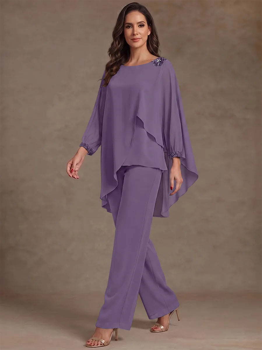 2 Pieces Suit Scoop Chiffon Mother of the Bride Pantsuits Ankle-Length Long Sleeves Ruffles