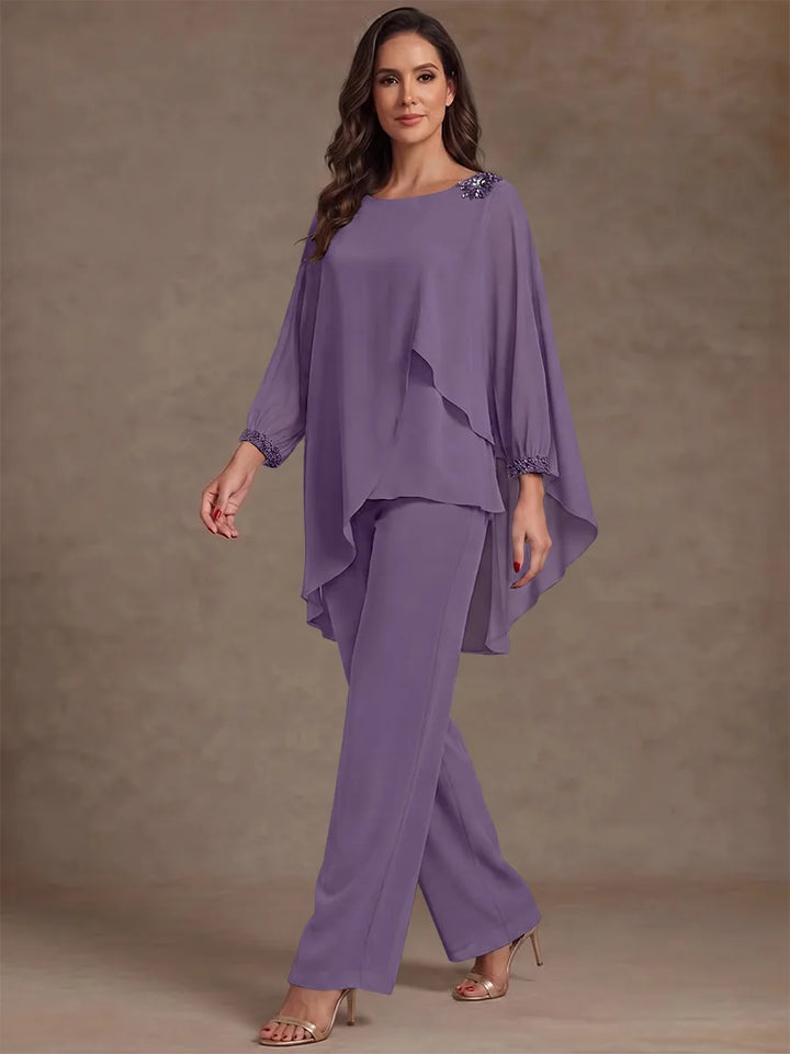 2 Pieces Suit Scoop Chiffon Mother of the Bride Pantsuits Ankle-Length Long Sleeves Ruffles