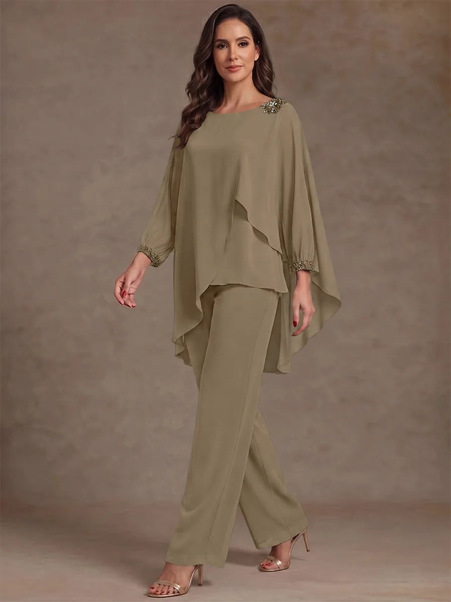 2 Pieces Suit Scoop Chiffon Mother of the Bride Pantsuits Ankle-Length Long Sleeves Ruffles