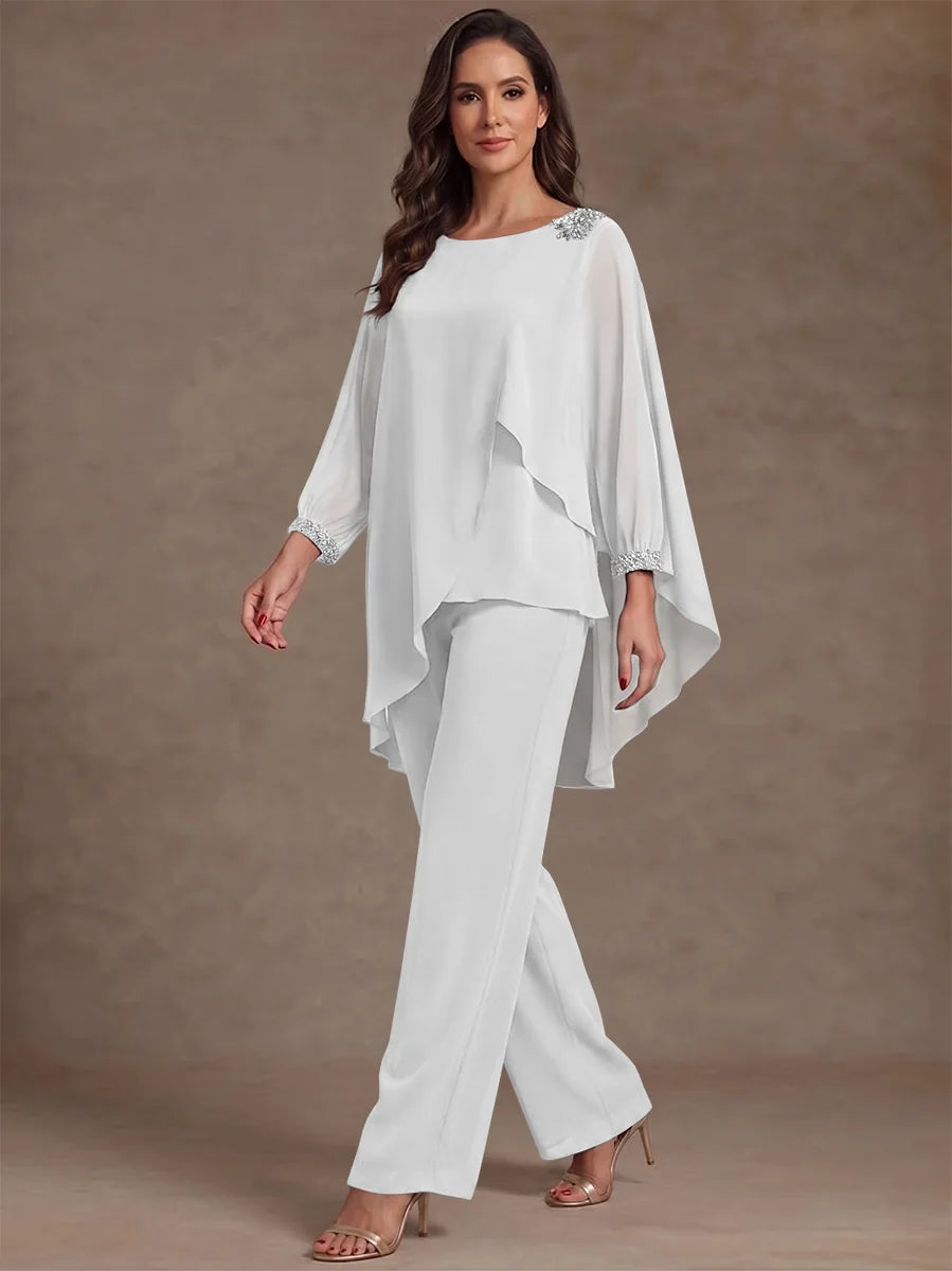 2 Pieces Suit Scoop Chiffon Mother of the Bride Pantsuits Ankle-Length Long Sleeves Ruffles