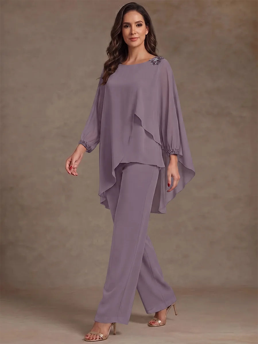 2 Pieces Suit Scoop Chiffon Mother of the Bride Pantsuits Ankle-Length Long Sleeves Ruffles