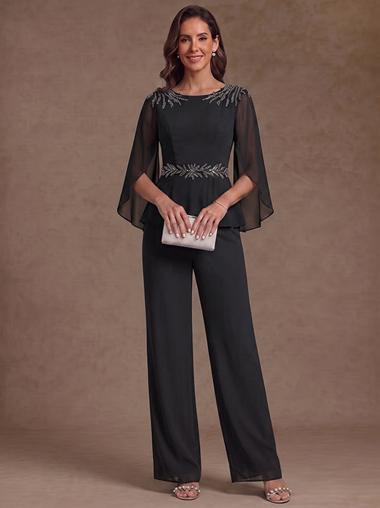 2 Pieces Suit Scoop Chiffon Mother of the Bride Pantsuits Ankle-Length 3/4 Sleeves Beading