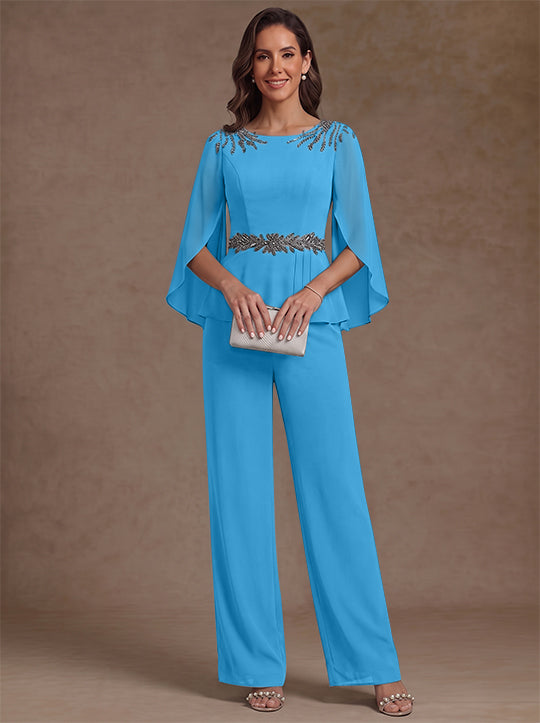 2 Pieces Suit Scoop Chiffon Mother of the Bride Pantsuits Ankle-Length 3/4 Sleeves Beading