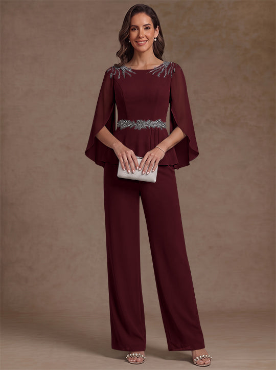 2 Pieces Suit Scoop Chiffon Mother of the Bride Pantsuits Ankle-Length 3/4 Sleeves Beading