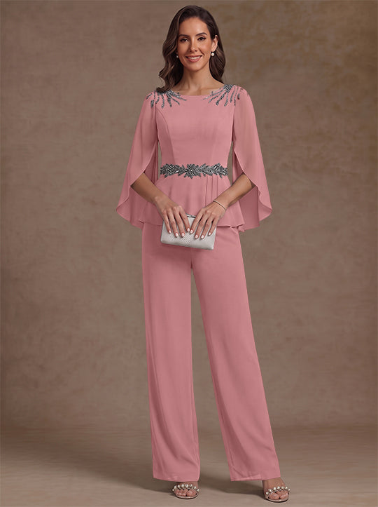 2 Pieces Suit Scoop Chiffon Mother of the Bride Pantsuits Ankle-Length 3/4 Sleeves Beading
